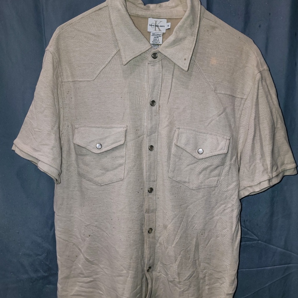 Men's Tan Short Sleeve Knit Snap Button Shirt | Calvin Klein | Medium
